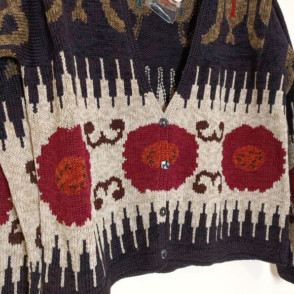 NOS VTG Peruvian Connection Poppies Art-Wear Pima Cotton Cardigan Sweater Sz Lg - Picture 6 of 10